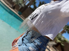 Load image into Gallery viewer, PRE-ORDER FANCY FRINGE TEE WARNING LABEL(FULL LENGTH OR CROPPED)