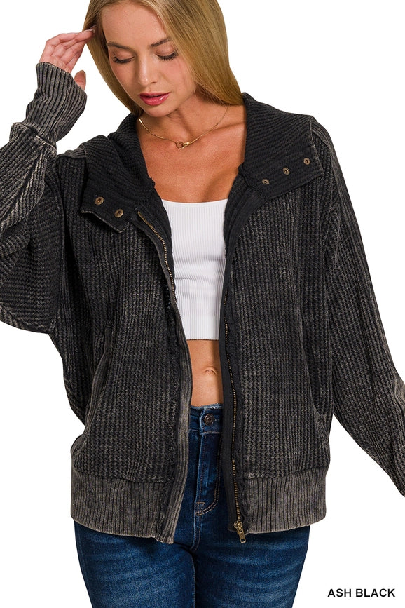 MINERAL WASH WAFFLE ZIP UP