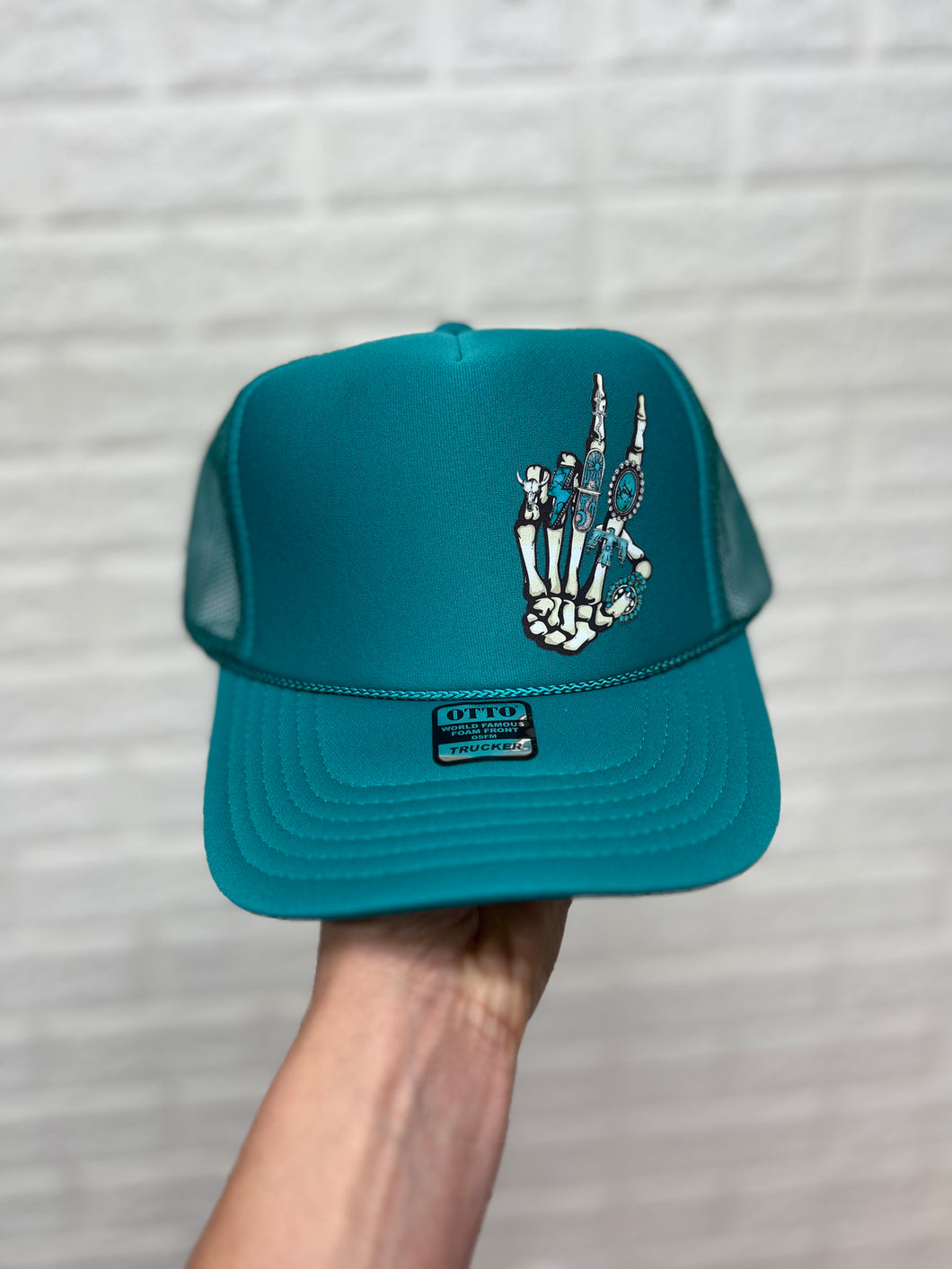 turquoise peace out trucker